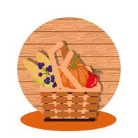 pumpkins with vegetables of autumn in wicker basket vector