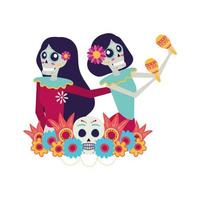 Mexican catrina skulls playing maracas comic characters vector illustration design