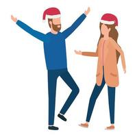 young lovers couple with christmas hat characters vector