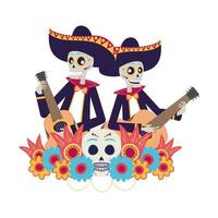 Mexican mariachis skulls playing guitars characters vector