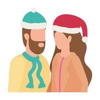 young lovers couple with christmas hat characters vector