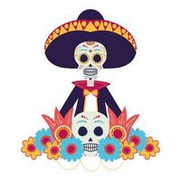 mariachi skull with flowers comic character vector