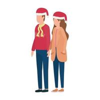 young lovers couple with christmas hat characters vector