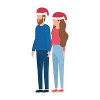 young lovers couple with christmas hat characters vector