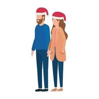 young lovers couple with christmas hat characters vector