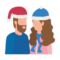 young lovers couple with christmas hat characters vector