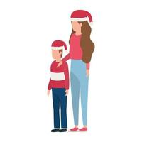 madre e hijo con personajes de sombreros de navidad vector