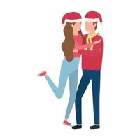 young lovers couple with christmas hat characters vector