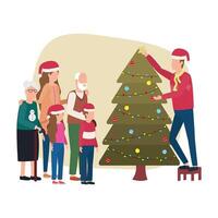 lindos miembros de la familia con árbol de navidad vector