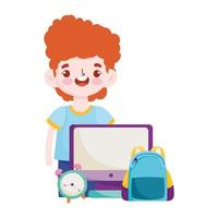 regreso a la escuela, estudiante, niño, computadora, bolsa, y, reloj, educación elemental, caricatura vector