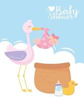 baby shower, cute stork with little girl basket duck and bottle milk, celebration welcome newborn vector