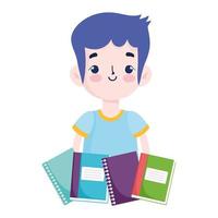 back to school, student boy books and notebooks elementary education cartoon vector