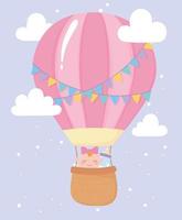 baby shower, cute baby girl in air balloon with bottle milk, celebration welcome newborn vector