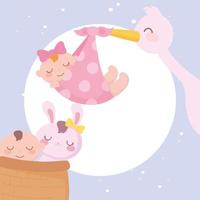 Baby Shower, cigüeña con niña y niño y conejo en el cielo nocturno de la canasta, celebración bienvenido recién nacido vector