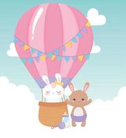 baby shower, cute bunnies in the air balloon cartoon, celebration welcome newborn vector