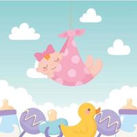 baby shower, little girl in blanket with toys, celebration welcome newborn vector