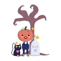 feliz halloween, niño, disfraz de calabaza, gato fantasma, árbol seco, caricatura, truco o trato, celebración de fiesta vector