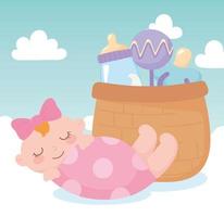 baby shower, little girl in blanket with basket rattle and pacifier, celebration welcome newborn vector