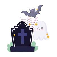 feliz halloween, lápida fantasma murciélago y telaraña, celebración de fiestas de truco o trato