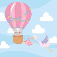baby shower, cigüeña voladora con niña y oveja en globo aerostático, celebración bienvenido recién nacido