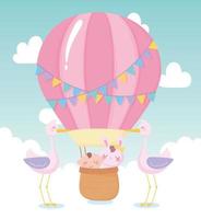baby shower, little boy and rabbit in basket storks, celebration welcome newborn vector