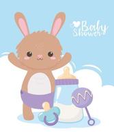 baby shower, cute bunny with diaper rattle and pacifier, celebration welcome newborn vector