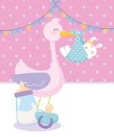 baby shower, stork with rabbit in blanket pacifier and bottle milk, celebration welcome newborn vector