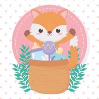 baby shower, little fox with basket rattle and pacifier, celebration welcome newborn