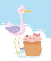 baby shower, stork with babies in basket and bottle milk, celebration welcome newborn vector