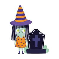 happy halloween, witch cemetery tombstone trick or treat party celebration vector