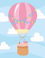 baby shower, cute babies in hot air balloon sky, celebration welcome newborn vector