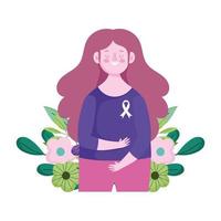 mes de concientización sobre el cáncer de mama, niña con cinta en camisa y flores, vector