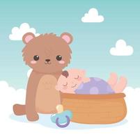 baby shower, little boy in basket with teddy bear and pacifier, celebration welcome newborn vector