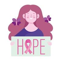 mes de concientización sobre el cáncer de mama, mariposas de mujer feliz y frase de esperanza, vector