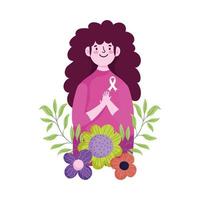 mes de concientización sobre el cáncer de mama, vector de dibujos animados de decoración de flores de mujer