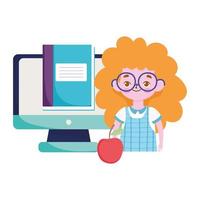 feliz día del maestro, estudiante, niña, educación en línea, libro de computadora vector