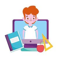 happy teachers day, student boy in screen computer apple book and ruler vector