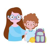 happy teachers day, teacher and student boy rucksack creativity cartoon vector