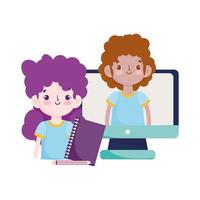 happy teachers day, students boy and girl computer and book vector