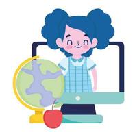 happy teachers day, student girl in computer school map and apple vector