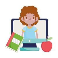 feliz día del maestro, niño estudiante en computadora de video apple y libro vector