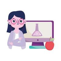 happy teachers day, teacher computer chemistry flask and apple vector