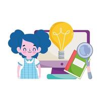 happy teachers day, student girl computer book magnifier and bulb idea vector