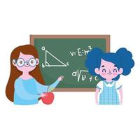 happy teachers day, teacher and student girl chalkboard and apple vector