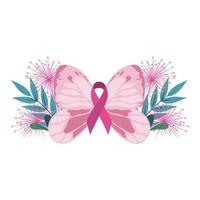 conciencia del cáncer de mama cinta de mariposa rosa decoración de hojas florales vector
