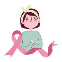 mes de concientización sobre el cáncer de mama, mujer con cinta rosa ondeando vector