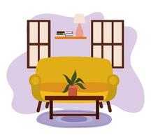 mesa con lámpara de estante de plantas en maceta y ventanas vector