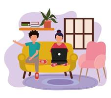 working at home, couple in sofa with laptop, people at home in quarantine vector