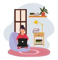 working at home, woman in chair with computer table lamp and books, people at home in quarantine vector