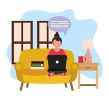 working at home, woman using laptop in living room with books and coffee cup, people at home in quarantine vector